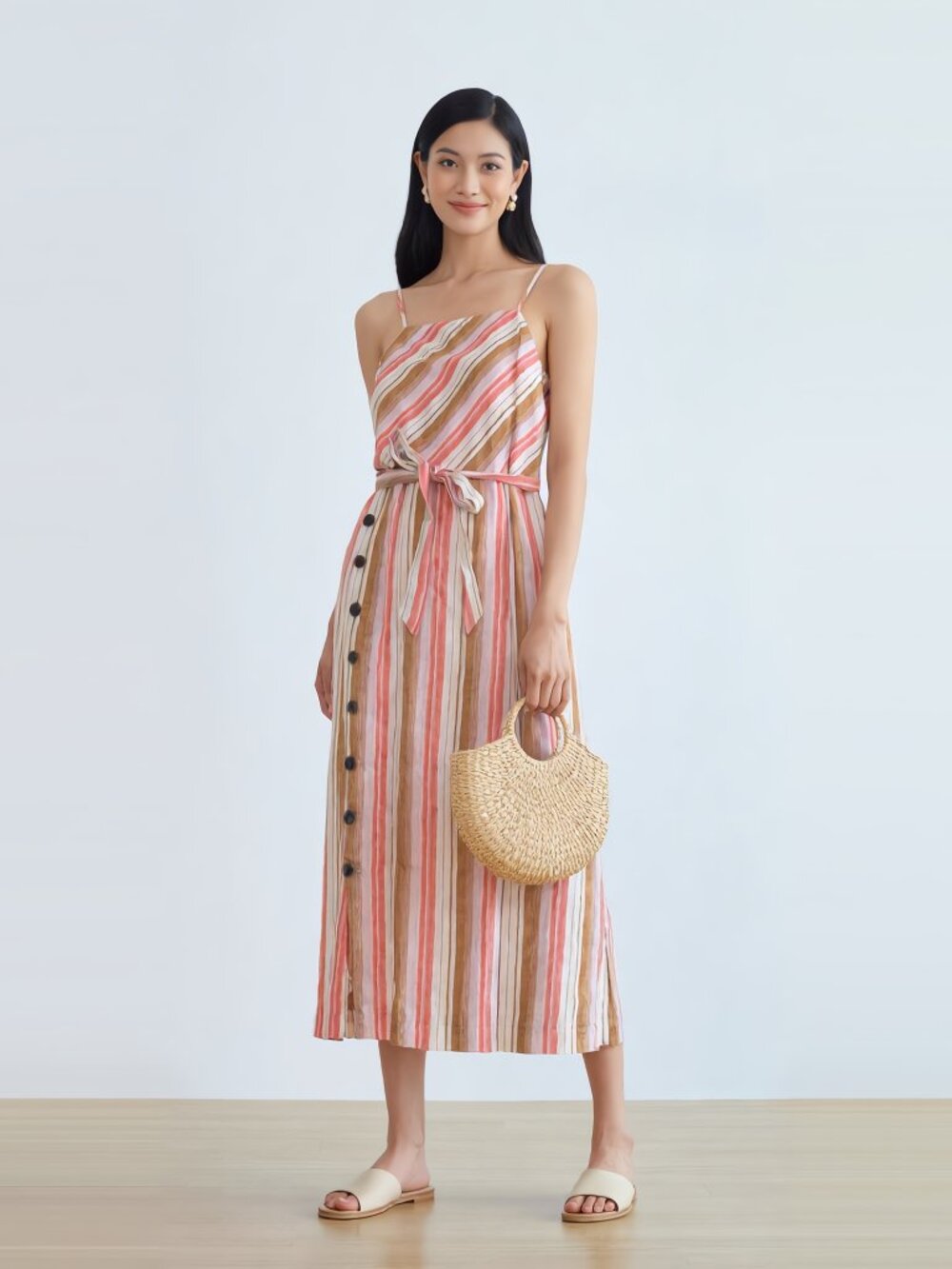 Joie Khari 100% Linen Striped Button Front Midi Dress Self Tie Belt Small
